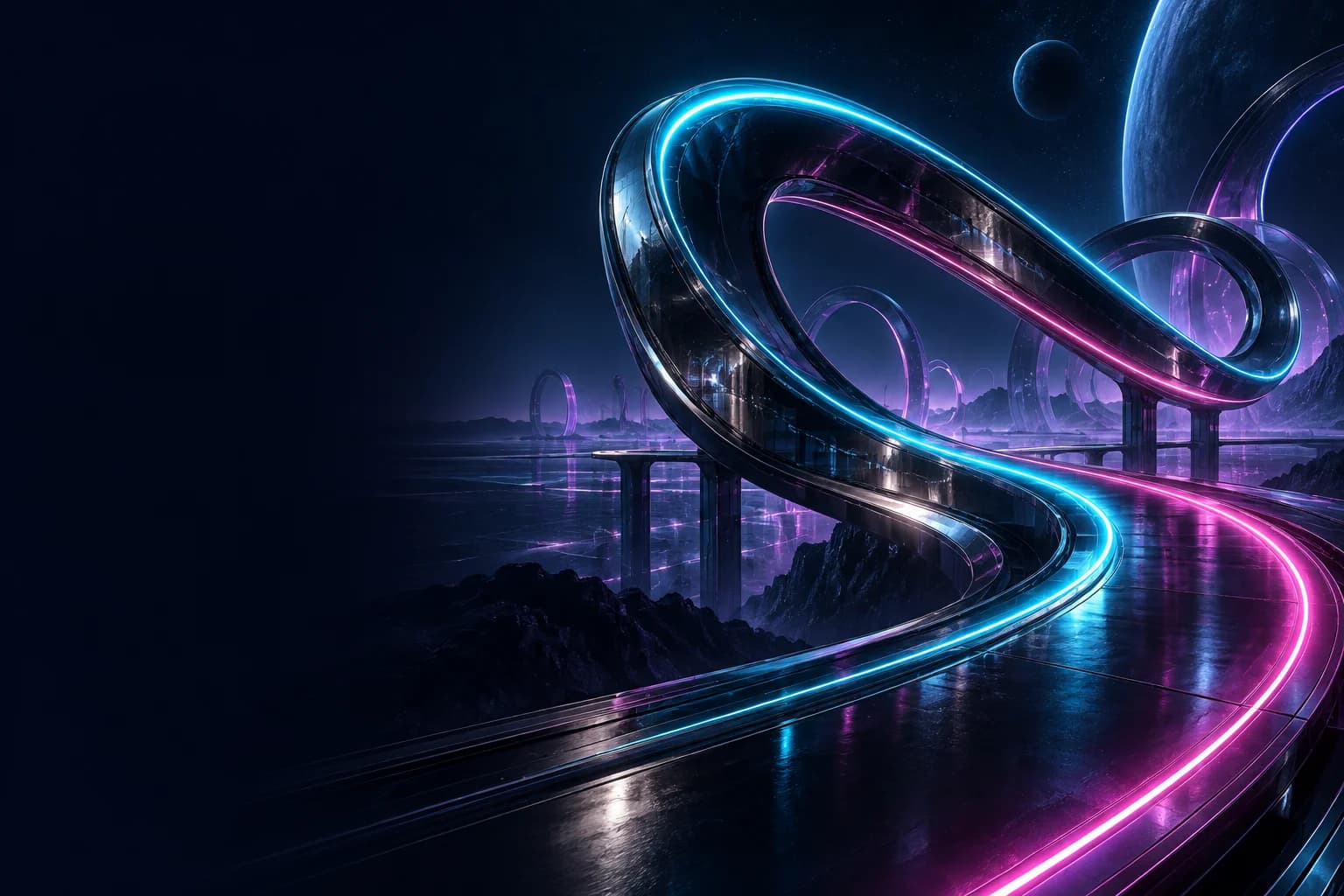 An imaginary chrome highway looping through a neon cyan and magenta night